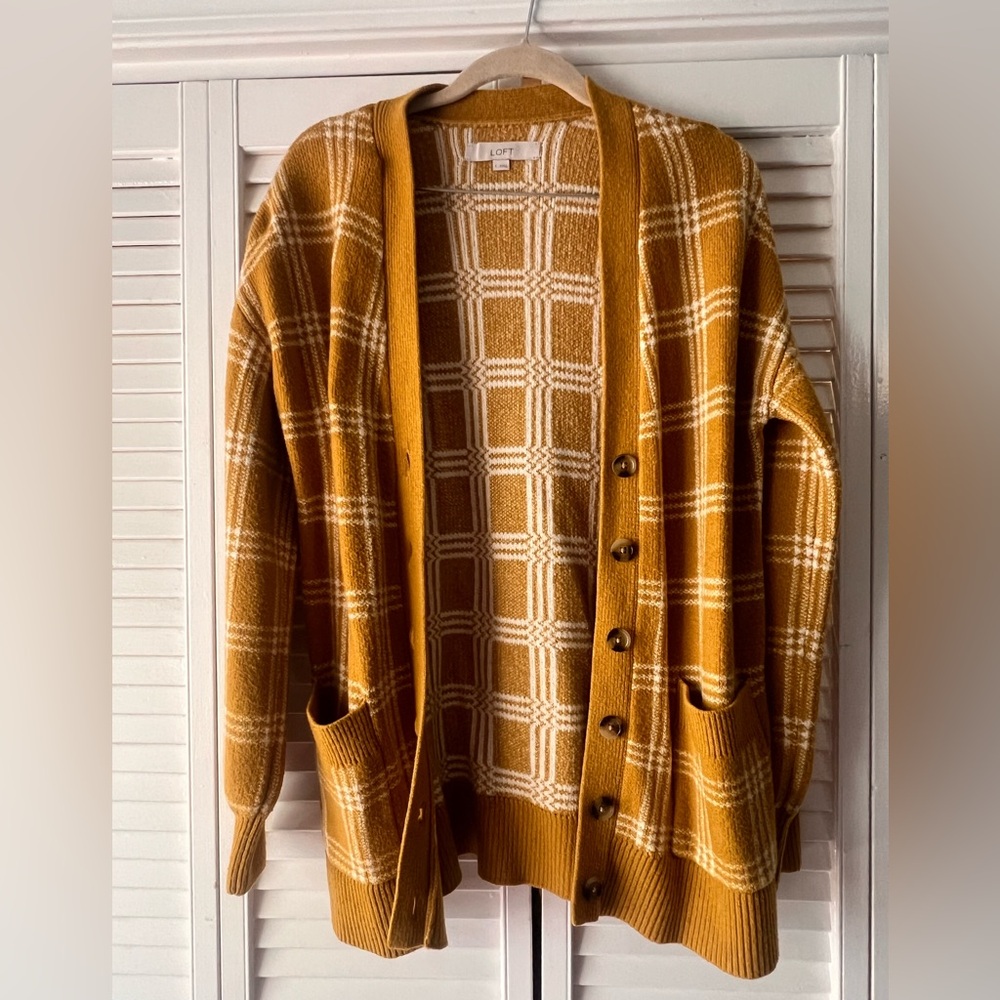 LOFT Mustard Plaid Open Cardigan